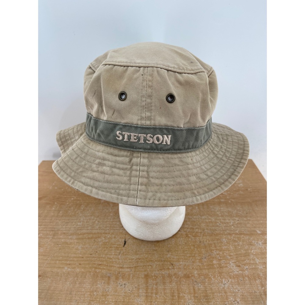 Stetson Mens Tan Cotton Twill Bucket Hat Medium Khaki Olive Green Band Logo
